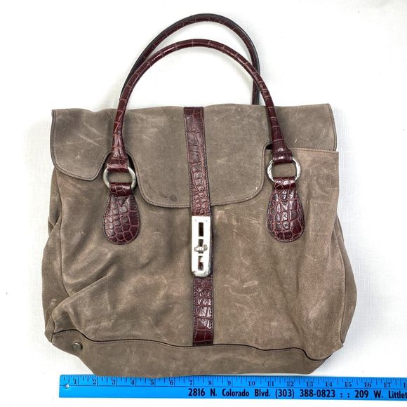 NIQUEA.D Gray SUEDE HOBO BAG! Large Brown Alligator Leather Purse MADE in ITALY - Picture 2 of 16